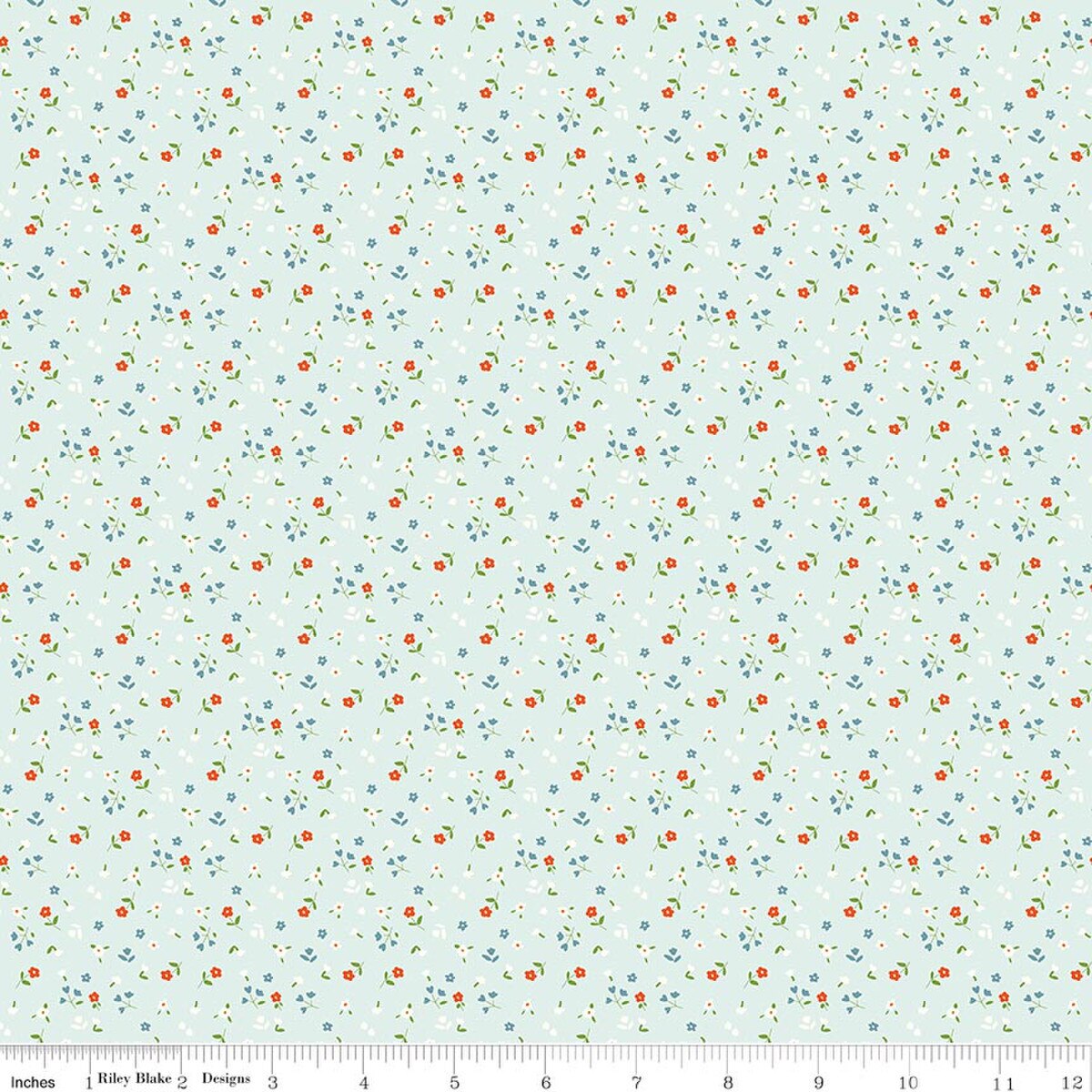 Floral pattern fabric swatch on a light blue background
