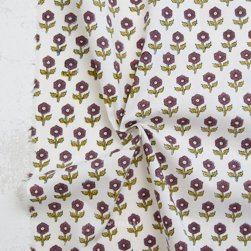 Flowerling in Eggplant - Indian Block Prints Cottage - Fableism - 1/2 yd