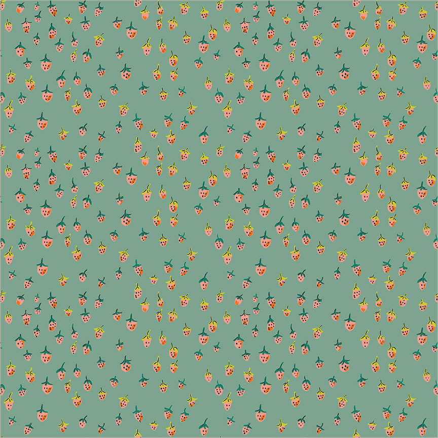 Heather Ross Favorites - Field Strawberries Teal - Heather Ross - Windham - 1/2 yd